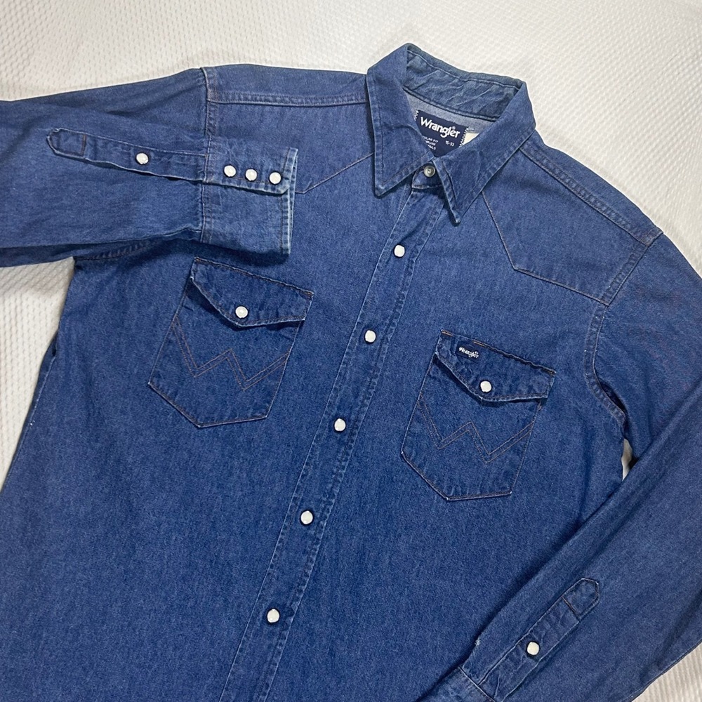 Wrangler Vintage 90s Western Denim Pearl Snap Shirt Made in USA Mens 16/33 L